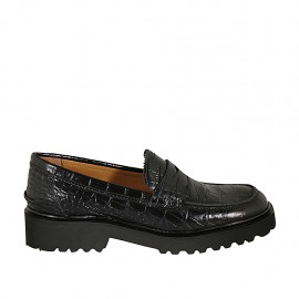 Woman's mocassin in black printed leather heel 3 - Available sizes:  32, 34, 42, 43, 44, 45