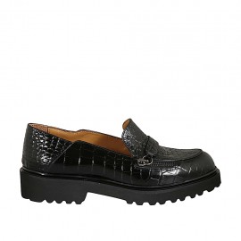 Mocassin pour femmes avec accessoire fermeture éclair en cuir imprimé noir talon 3 - Pointures disponibles:  32, 33, 34, 42, 43, 44, 45