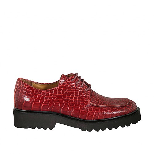 Scarpa derby stringata da donna in pelle stampata rossa tacco 3 - Misure disponibili: 32, 33, 34, 42, 43, 44, 45