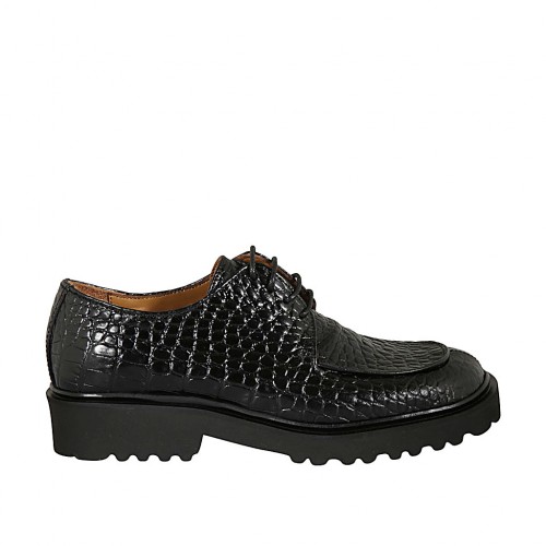 Scarpa stringata derby da donna in pelle stampata nera tacco 3 - Misure disponibili: 32, 33, 34, 42, 43, 44, 45