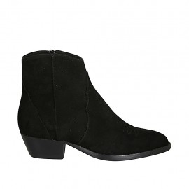 Botines texane pour femmes avec fermeture éclair et bout brodé en daim noir talon 4 - Pointures disponibles:  34, 42, 45