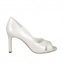 Woman's open toe pump in pearled ivory leather heel 8