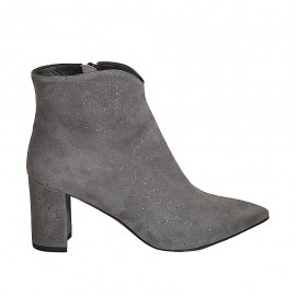 Spitze Damenstiefelette mit Reissverschluss aus glitzerbedrucktem grauem Wildleder Absatz 7 - Verfügbare Größen:  31, 32, 33, 34, 42, 43, 44, 45, 46, 47