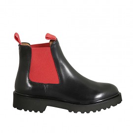 Damenstiefelette mit roten Gummibändern aus schwarzem Leder Absatz 3 - Verfügbare Größen:  33, 34, 42, 43, 44, 45